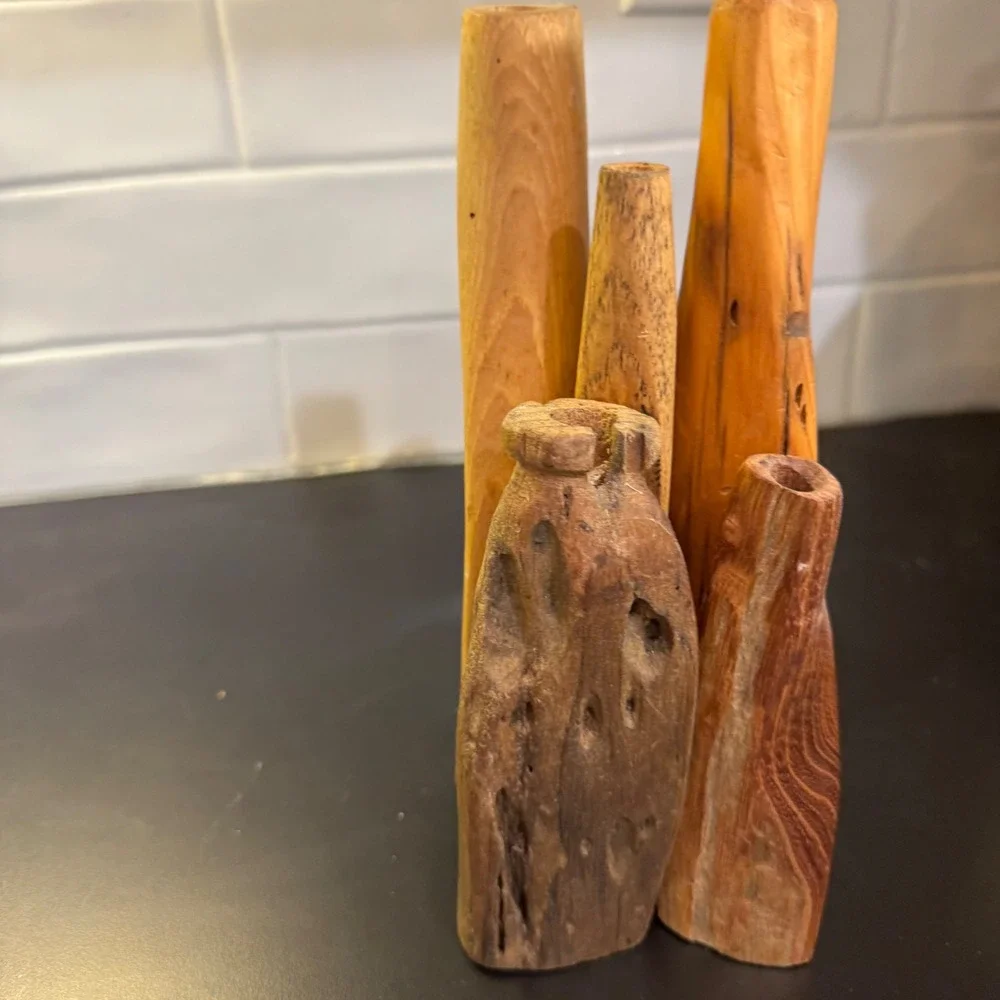 Hand Carved Wood Bud Vase Set Home Decor 5pc Brown Rustic Primitive Artisanal